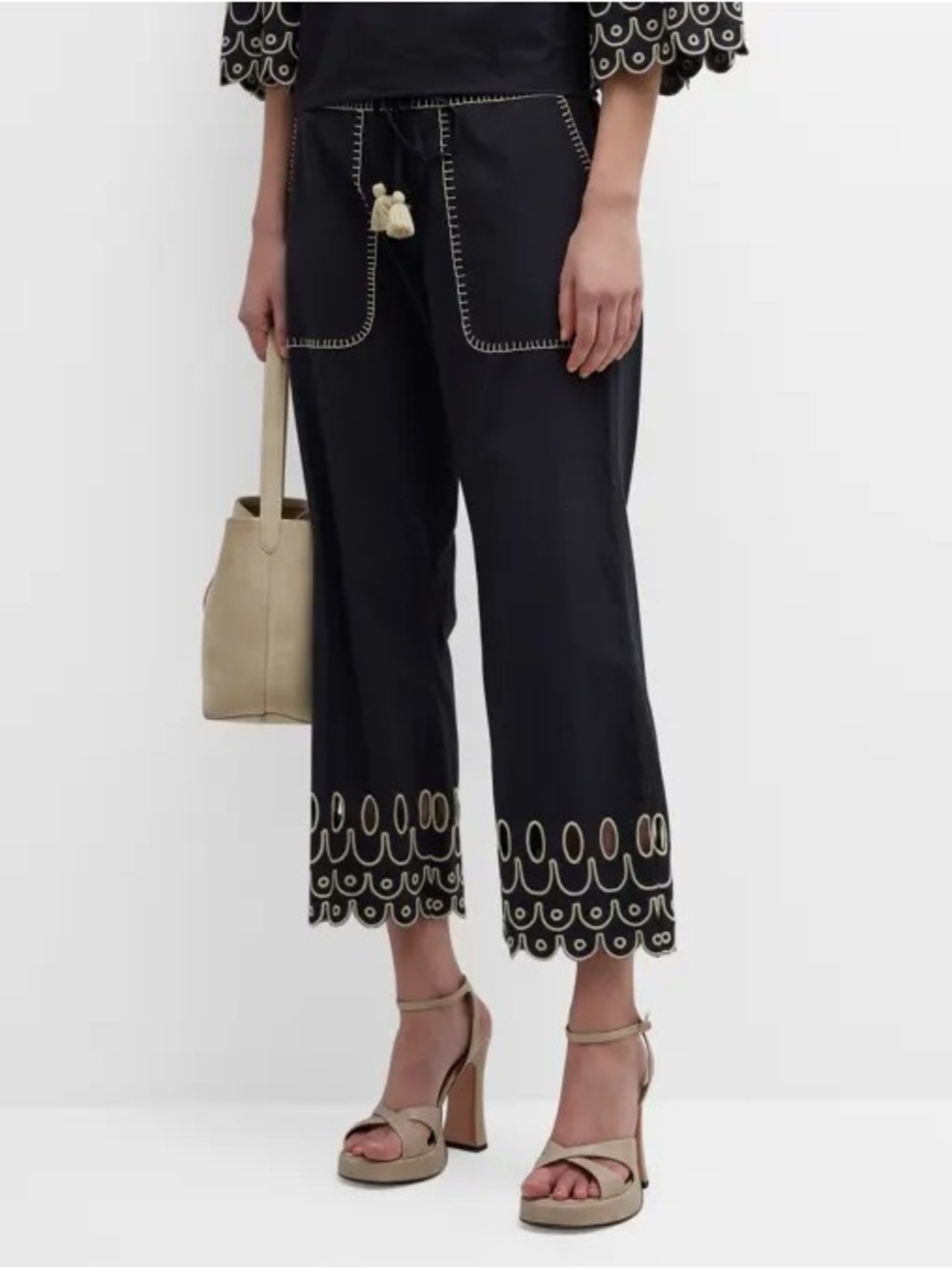 Figue Jolie Tiered Embroidered Ruffle-Hem Straight-Leg Pull-On Pants M Boho